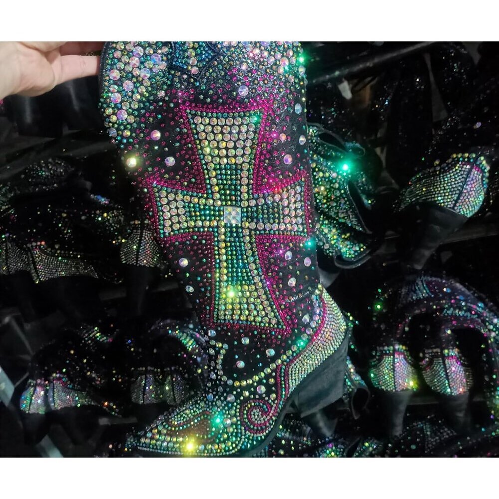 Women's Blue Fashion Rhinestone Cross Western Knee-High Cowboy Faux Leather Boot - Picture 6 of 9